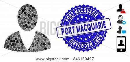 Mosaic User Icon And Distressed Stamp Watermark With Port Macquarie Text. Mosaic Vector Is Created W