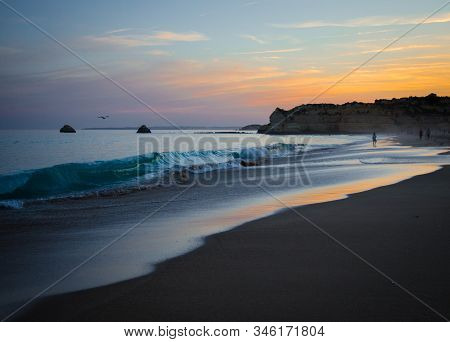 Portugal, Algarve, The Best Beaches Of Portimao, Praia Da Rocha, Sunset Over The Atlantic Ocean, Peo
