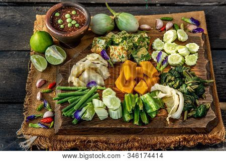 Thai Traditional Local Food : Spicy Shrimp Paste Dip Or Fried Shrimp Paste Sauce (nam Prik Kapi) Wit