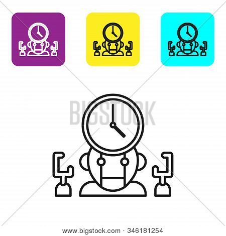 Black Line Robot And Digital Time Manager Icon Isolated On White Background. Time Management Assista