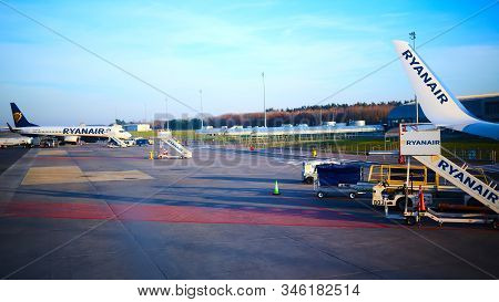 Modlin, Poland - November 17, 2019: Preparing For Boarding To Ryanair Plane In Warsaw Modlin Airport