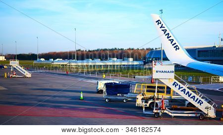 Modlin, Poland - November 17, 2019: Preparing For Boarding To Ryanair Plane In Warsaw Modlin Airport