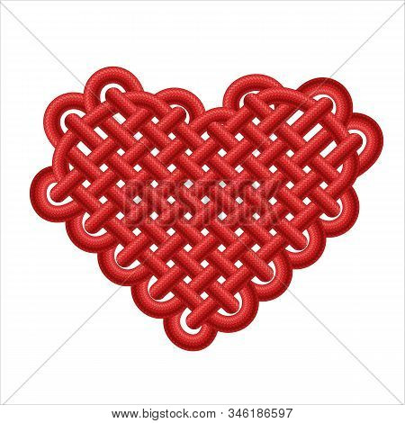 Valentines Heart Made Of Red Paracord In Macrame Technique. Vector Illustration