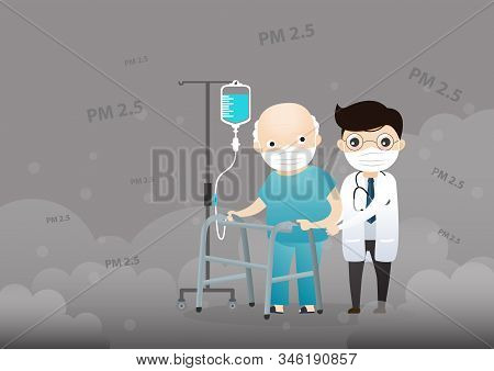 Old Man And Doctor Cough With Dirty Lung Because Pm2.5 Air Poll. Old Man And Doctor Wearing Air Poll