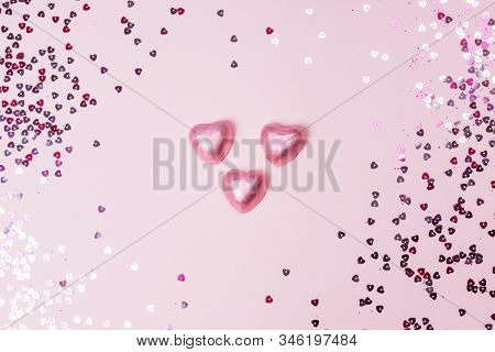 Conffeti Hearts On A Pink Pastel Trendy Background Valentine's Day Festive Background