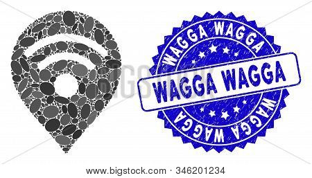 Mosaic Wi-fi Map Marker Icon And Rubber Stamp Seal With Wagga Text. Mosaic Vector Is Designed From W