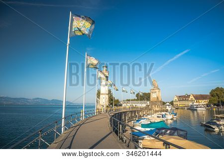 Lindau, Germany, July 2019 - Harbour Entrance Of Lindau, Lake Constance - Bodensee - With The New Li