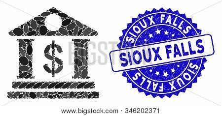 Collage American Bank Building Icon And Grunge Stamp Seal With Sioux Falls Text. Mosaic Vector Is Cr