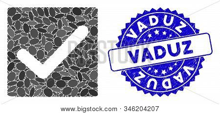 Mosaic Valid Tick Icon And Grunge Stamp Seal With Vaduz Caption. Mosaic Vector Is Formed With Valid 