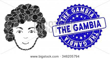Mosaic Hairstyle Head Icon And Grunge Stamp Seal With The Gambia Text. Mosaic Vector Is Designed Fro