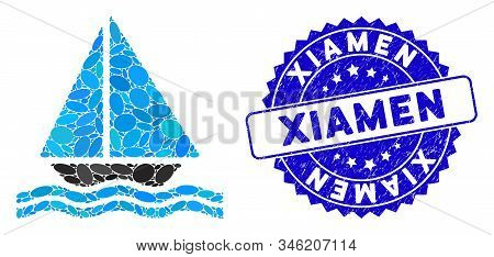 Mosaic Yacht Icon And Corroded Stamp Seal With Xiamen Text. Mosaic Vector Is Designed With Yacht Ico