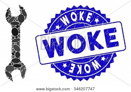 Mosaic Wrench Icon And Grunge Stamp Seal With Woke Caption. Mosaic Vector Is Formed With Wrench Icon
