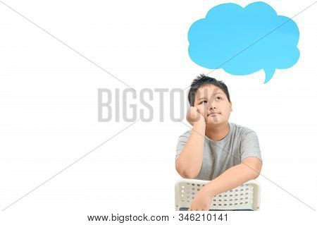 Fat Boy Thinking With With Speech Bubble Isolated On White Backgrond, Eucation Concept