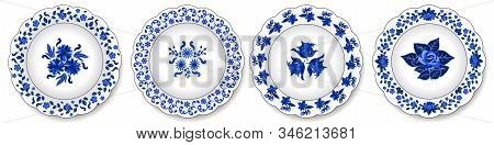 Porcelain Plates Ornate With Floral Pattern, Blue On White. Set Of Decorative Elements Isolated. Tra