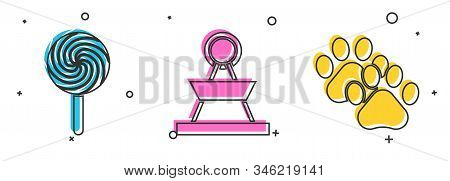 Set Lollipop, Attraction Carousel And Paw Print Icon. Vector