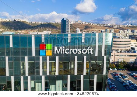 Haifa, Israel - December 4, 2019: Microsoft Logo On An High Tech Office Building, At Matam Scientifi