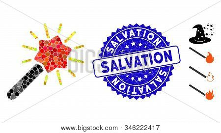 Mosaic Wizard Wand Icon And Distressed Stamp Seal With Salvation Caption. Mosaic Vector Is Composed 