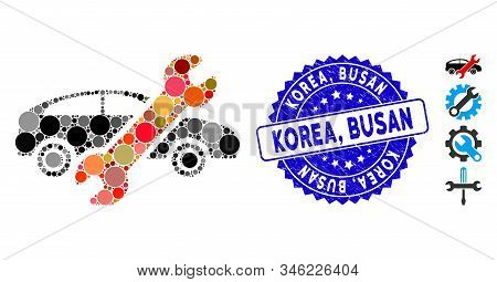 Mosaic Repair Car Icon And Grunge Stamp Seal With Korea, Busan Text. Mosaic Vector Is Formed With Re