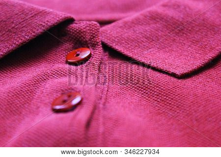 Colorful Purple Polo Shirt Close Up Of Casual Summer Season Top. Simple T-shirt Design With Buttoned