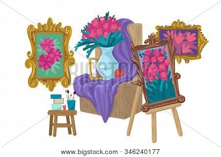 Still Life And Painting In A Frame On The Easel. Vector Illustration