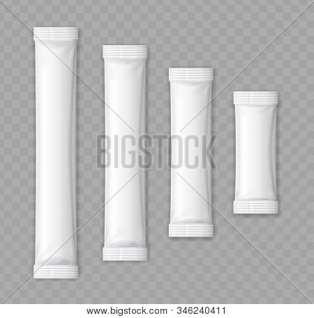 Realistic Detailed 3d White Blank Matte Sachet Stick Set Empty Template Mockup Different Size On A T