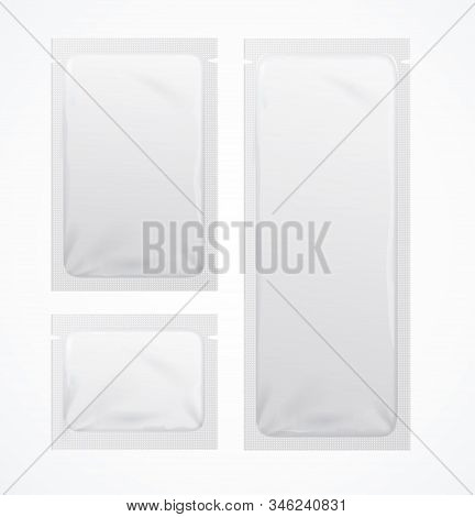 Realistic Detailed 3d White Blank Sachets Template Mockup Set Different Size . Vector Illustration O