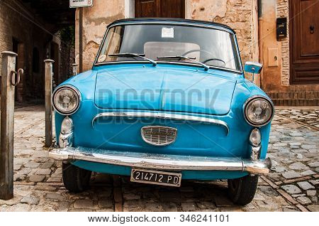 Spello, Italy - September 20, 2014: Old Style Vintage Italian Car Autobianchi In A Village In Centra