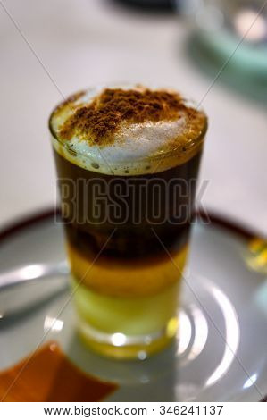 Special Coffee Of Canarian Islands In Spain, Sweet Barraquito Coffee With Layers And Alcohol Served 