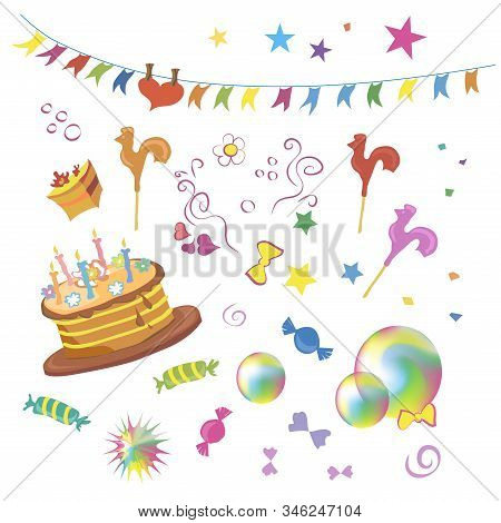Festive Set Of Elements With Cake, Multi-colored Flags, Sweets, Stars, Toys, Soap Bubbles, Flowers A
