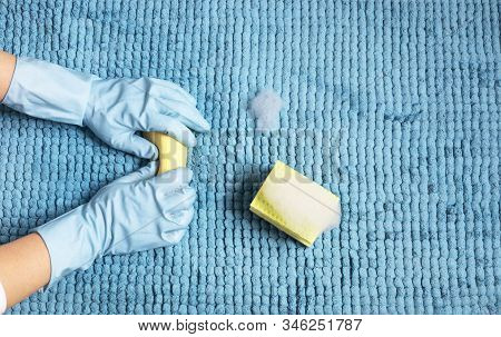 Female Hands Doing Spring Cleaning With Latex Gloves Sponges And Foam