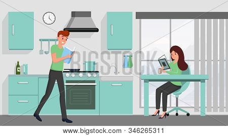 Book Lovers Family Flat Vector Illustration. Husband And Wife Reading Novels Sitting At Kitchen Tabl