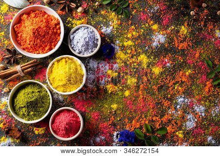 Holi Festival Celebration. Traditional Indian Holi Colours Powder Decoration With Paints. Top View O