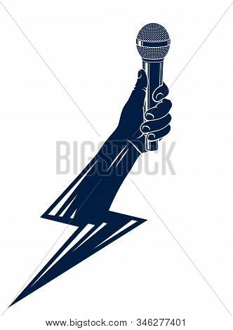 Microphone In Hand In A Shape Of Lightning, Rap Battle Rhymes Music, Karaoke Singing Or Standup Come