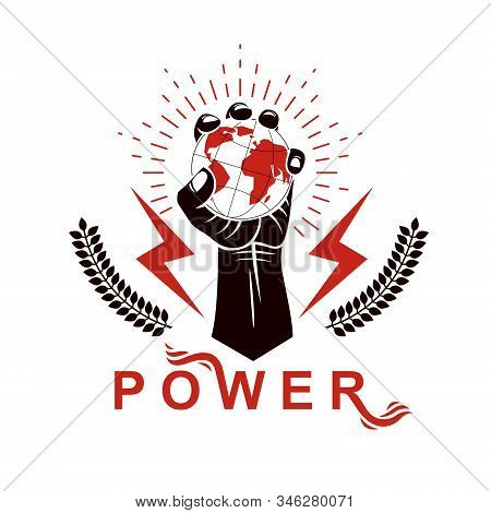 Vector Logo Composed Using Strong Muscular Raised Arm With Lightning Symbol And Holding Earth Globe.