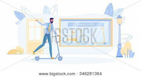 Young Happy Handsome Man In Suit Riding Kick Electric Scooter On City Road Near Brand Store With Tra