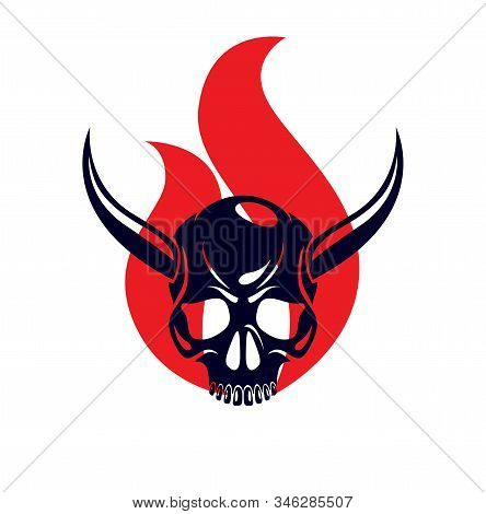 Devil Sign Horned Skull In Flames Vector Illustration Classic Style Tattoo, Dead Scull With Animal H