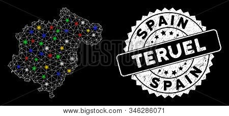 Bright Mesh Teruel Province Map With Glare Effect, And Rubber Print. Wire Frame Polygonal Teruel Pro