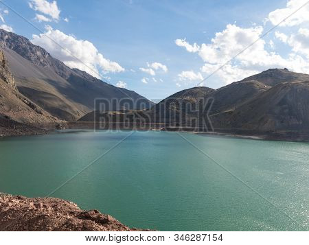Mountains And Peaks Landscape. Lake Of Yeso. Cajon Del Maipo. Santiago Of Chile