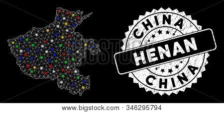 Bright Mesh Henan Province Map With Glow Effect, And Rubber Print. Wire Frame Polygonal Henan Provin