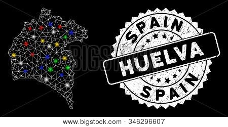 Bright Mesh Huelva Province Map With Glare Effect, And Seal Stamp. Wire Frame Triangular Huelva Prov