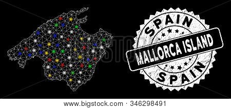 Bright Mesh Spain Mallorca Island Map With Glare Effect, And Rubber Print. Wire Carcass Triangular S