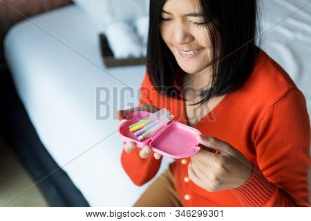 Asian Woman Hands Using Small Toothbrush,orthodontic,oral Mouth Hygiene Routine Concept