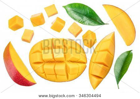 Set of mango cubes and mango slices isolated on a white background.