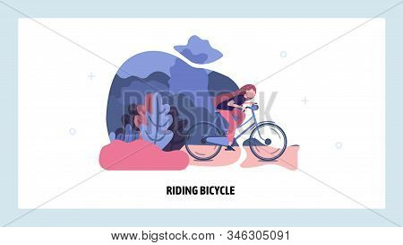 Girl Cycling In A Park. Woman Ride Bicycle, Summer Outdoor Activity, Healthy Lifestyle. Vector Web S