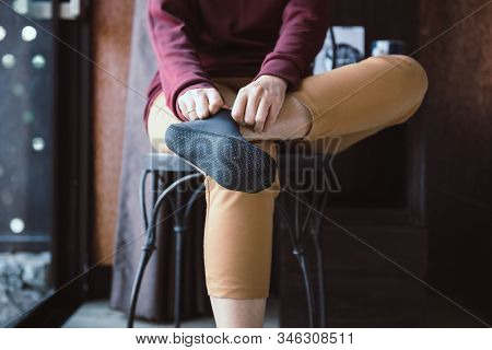 Woman Using Support Shoe Silicone For Treatment Plantar Fasciitis With Foot,feet Bruising