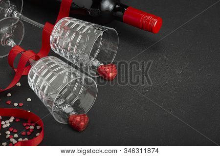 Two Glasses, Ribbon Rose, Ribbon Heart, Glass Wineglass, Wine Bottle, Glasses, Wine, Champagne, Red 