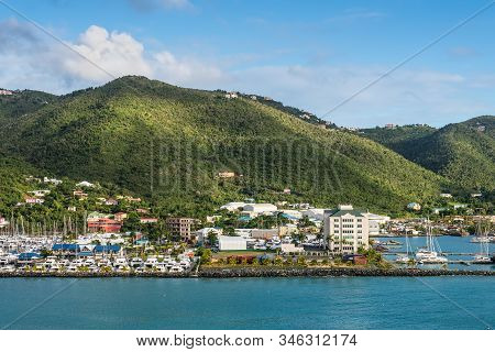 Road Town, Tortola, Tvi - December 16, 2018: Coastline Along A Road Town In Tortola, Bvi. The Wooded