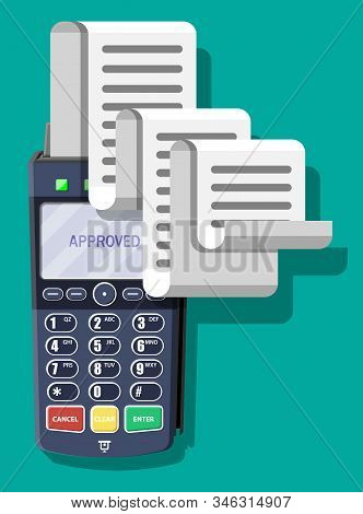 Modern Pos Terminal With Big Paper Receipt. Shopping Concept. Bank Payment Device. Payment Nfc Keypa
