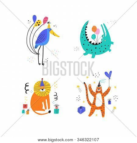 Funny Animals At Party Vector Illustrations Set