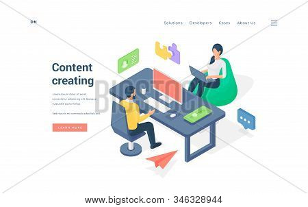 Office Workers Creating Content Together Isometric Vector Illustration